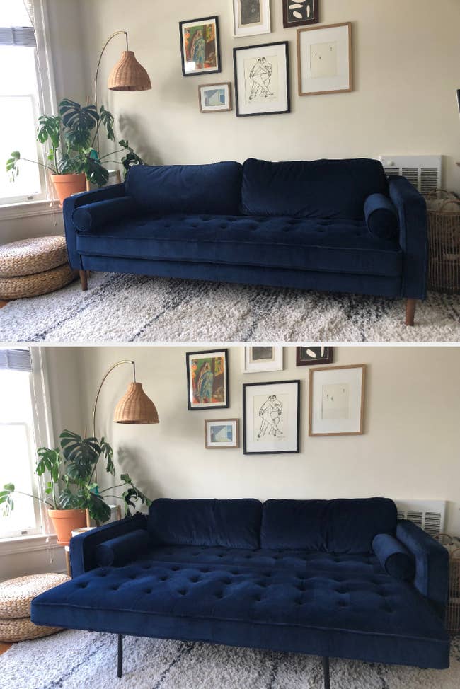 Editor's navy blue sofa upright and then pulled out as a bed
