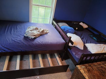 reviewer photo of bunk bed disassembled into two twin beds