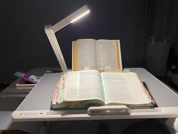 reviewer's desk lamp illuminating open book on a tray table,