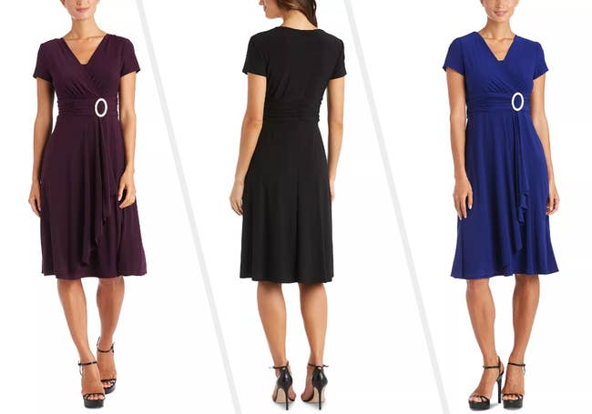 Three images of models wearing plum, black, and blue dresses