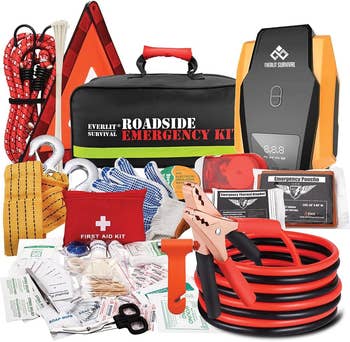 everything in the kit like jumper cables, safety gloves, and a tire inflator