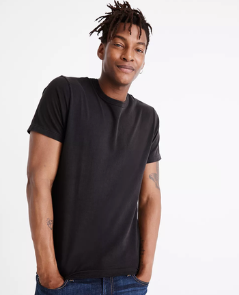 model wearing garment-dyed T-shirt in black