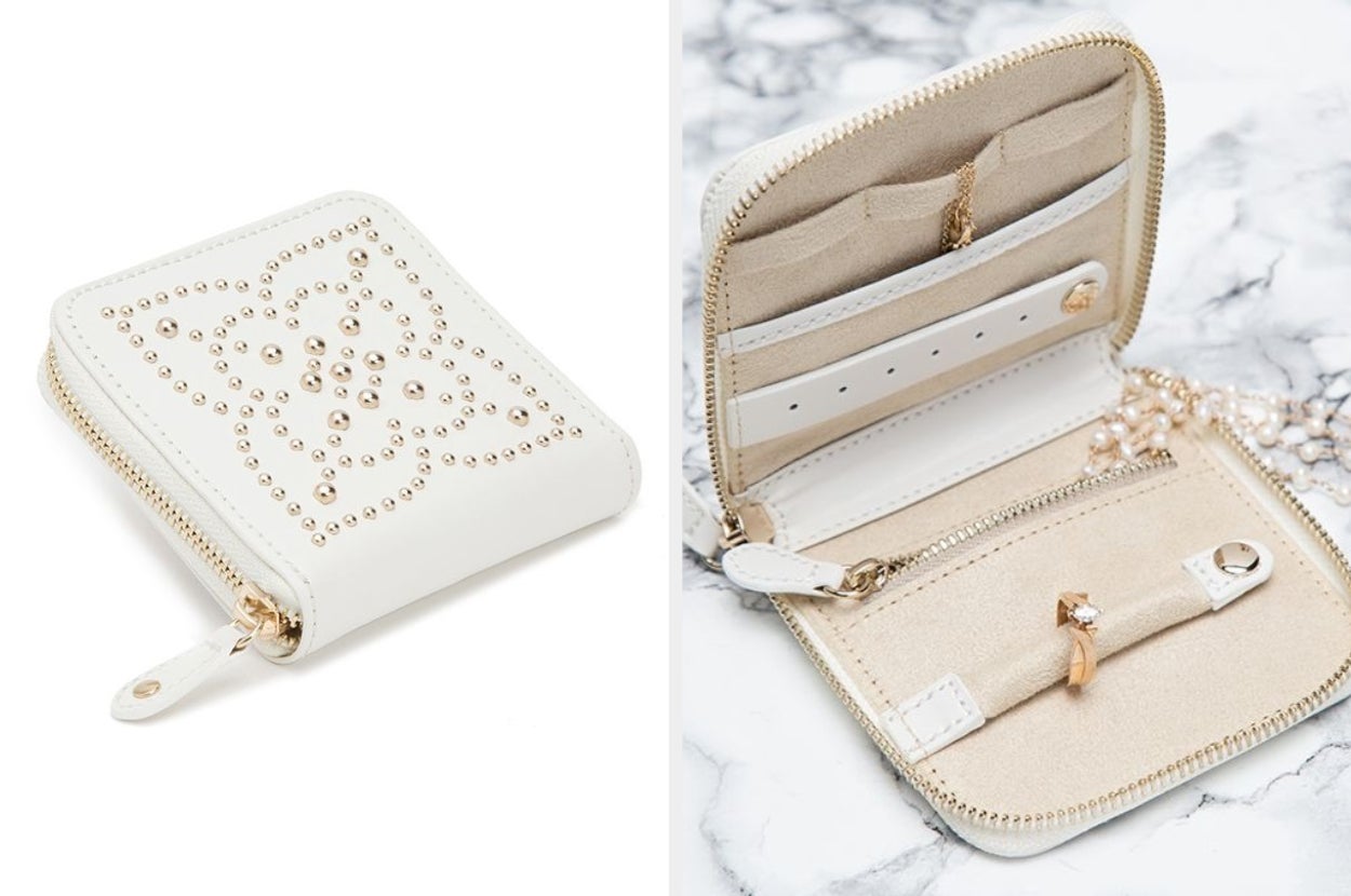 collage of the white embellished travel case, folded and unfolded
