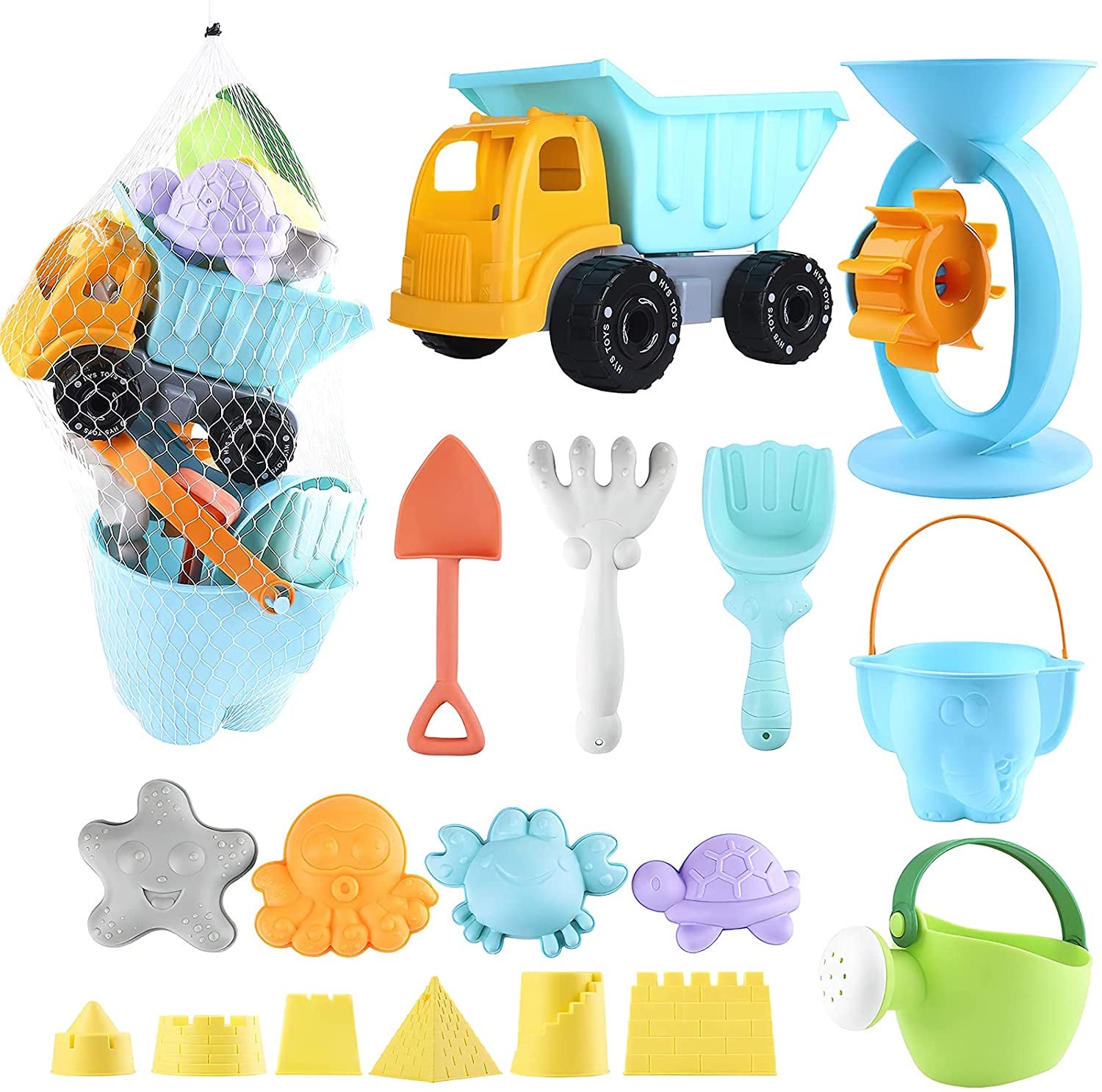 Colorful set of children's sand toys for castle building and digging
