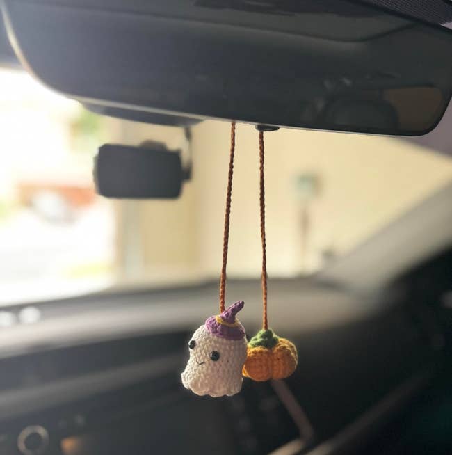 Crocheted shade and pumpkin charms bent from a car's rearview mirror