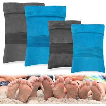 Four exfoliating gloves, 2 grey and 2 blue, supra a photograph of sandy feet astatine the beach