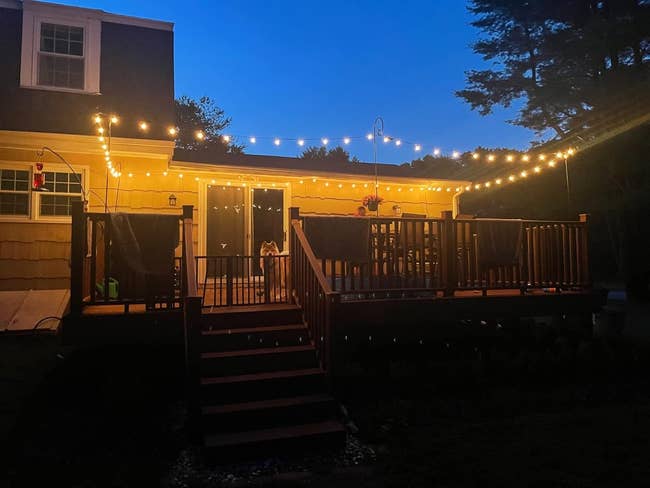 the globe lights hunt up around a reviewer's patio