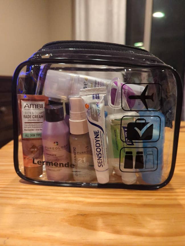 Clear toiletry bag with products