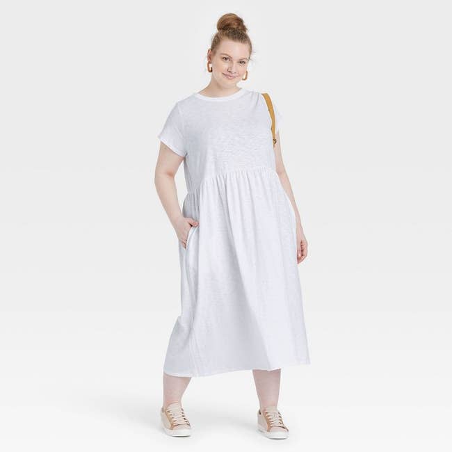 model wearing midi white t-shirt dress