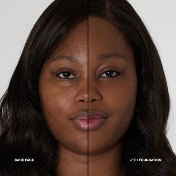 before and after of a model's face without and then with the foundaion