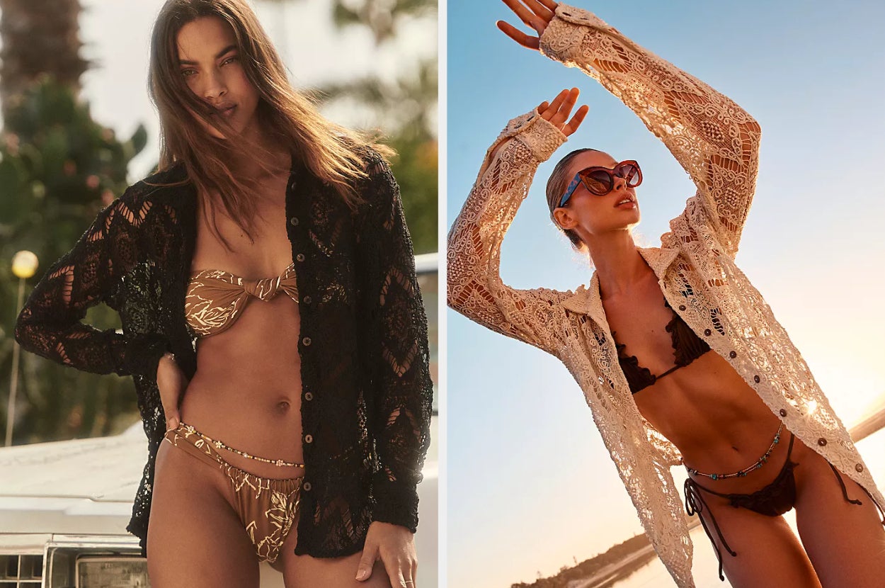 Two images of models wearing black and beige coverups