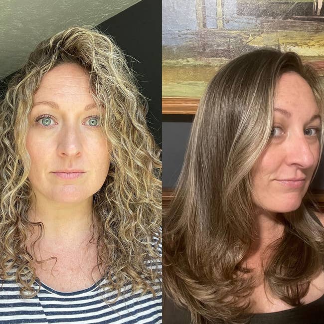 split image of reviewers curly hair before using product then sleek and straight after