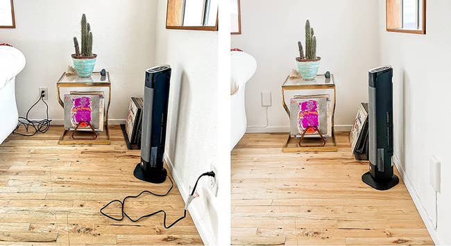 a before and after showing unsightly cords from electrical devices being hidden away nicely by the concealer
