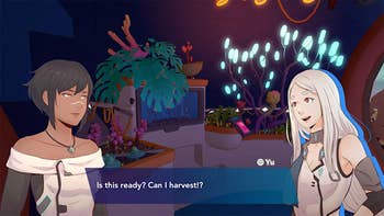 a screenshot from the game showing two characters conversing with a text box reading 