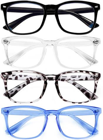 the glasses in black, clear, tortoise, and blue