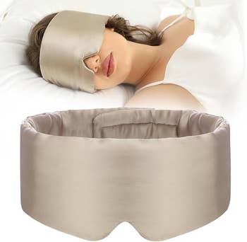 Woman sleeping with a silk slumber  mask; close-up of the mask's padding below. Suitable for enhancing slumber  comfort