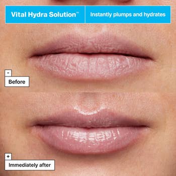 model earlier and aft showing chapped lips becoming glossier and much hydrated with substance