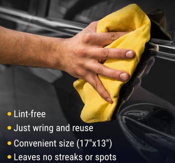 Person using a yellow cloth to wipe a car, highlighting the cloth's features like lint-free, reusable, and leaving no streaks