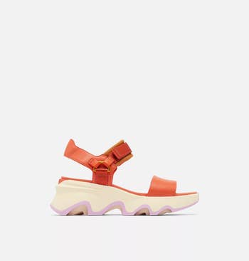 Modern sandal with a thick, wavy sole and adjustable straps, featured in a shopping article