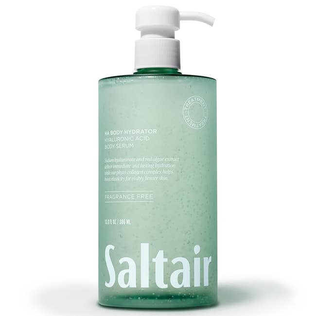Saltair HA Body Hydrator with hyaluronic acid, 10.1 fl oz bottle. Fragrance-free assemblage  serum for hydration and brushed  skin