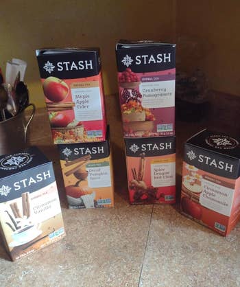 Boxes of Stash beverage  featuring assorted  flavors similar  Apple Cider and Cranberry Pomegranate are displayed connected  a room  counter