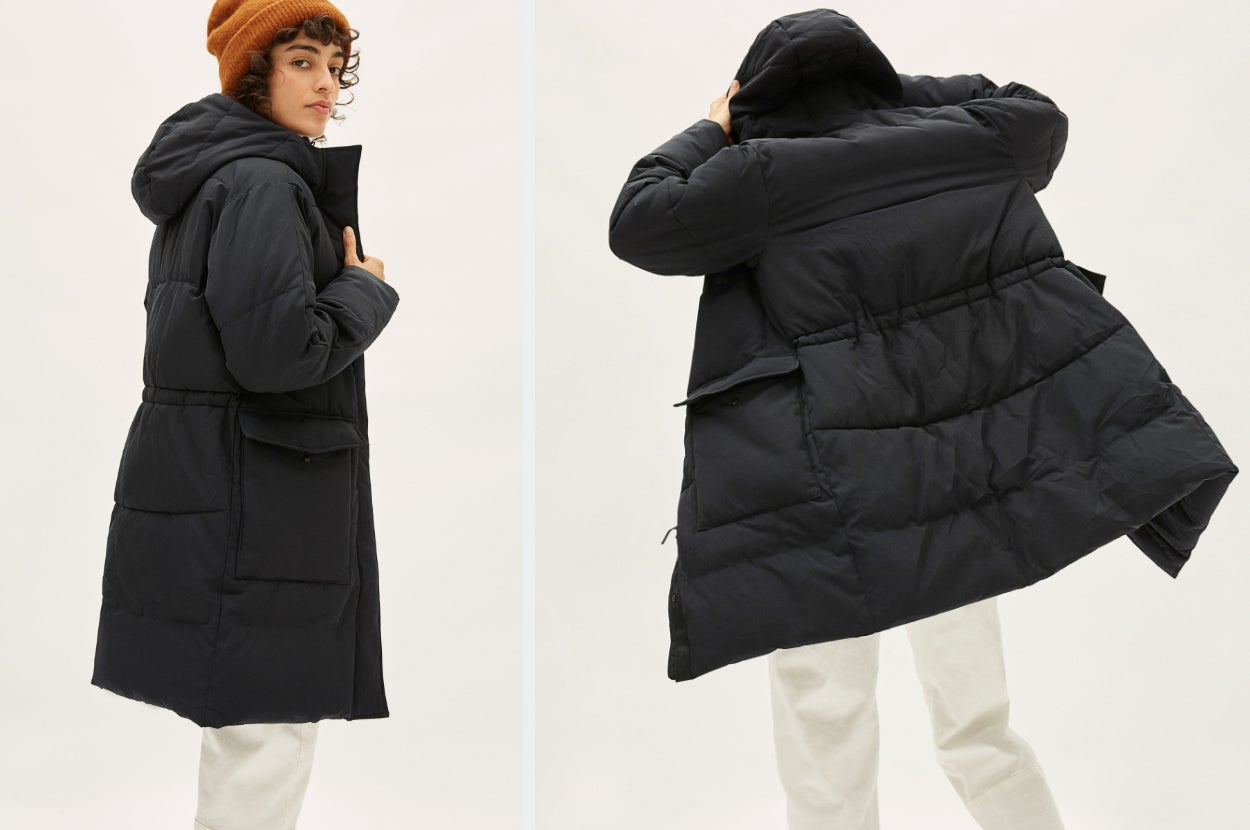 Two images of a model wearing the black jacket