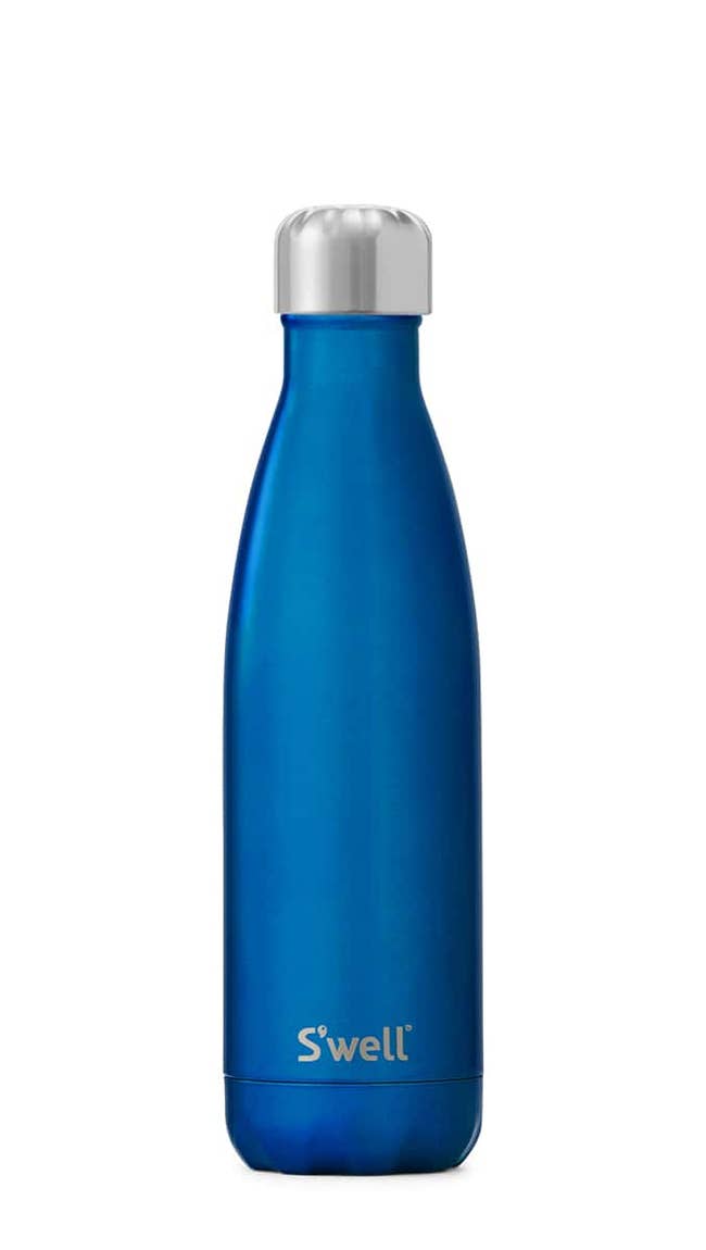 the blue water bottle with a stainless steel lid