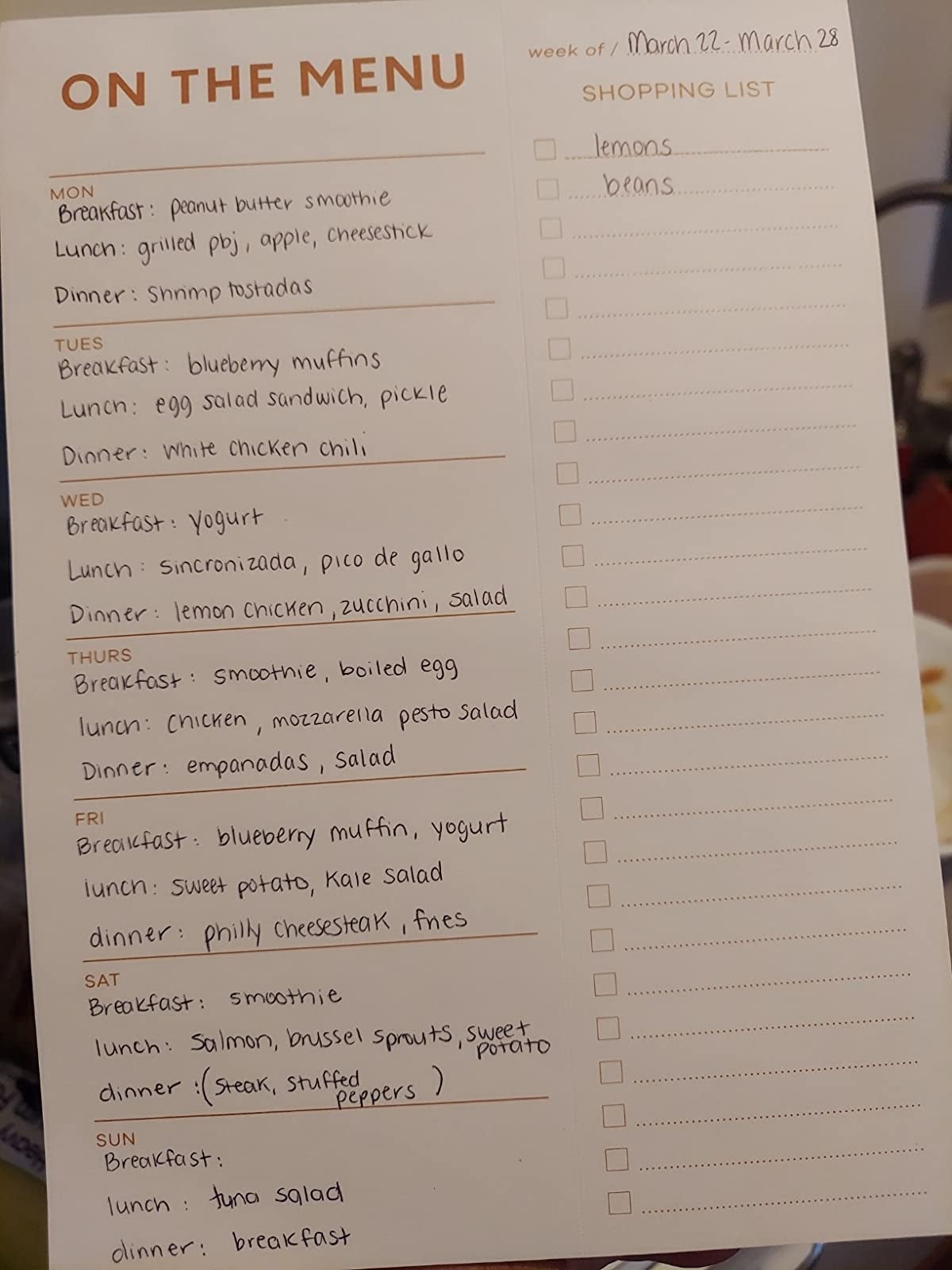 reviewer photo of the menu filled out