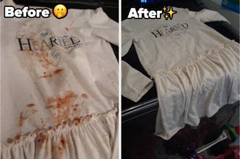 before and after of a reviewer's kid's stained white dress on the left and then the spotless white dress on the right