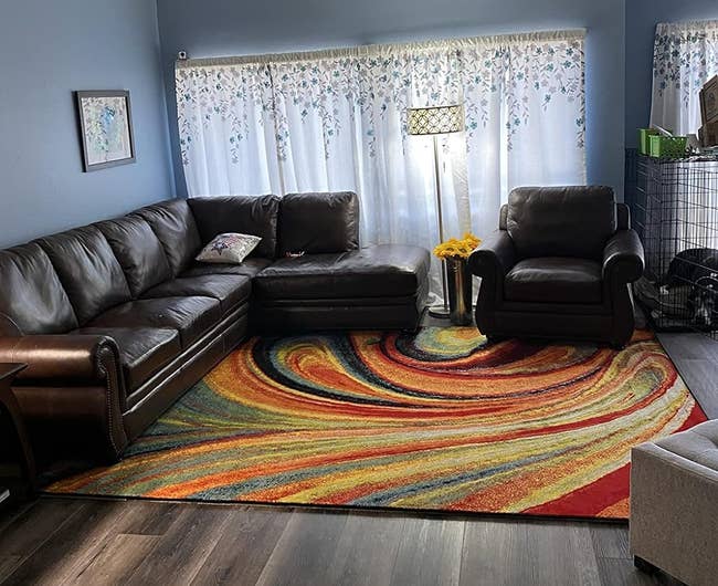 reviewer image of the abstract rug in a living room