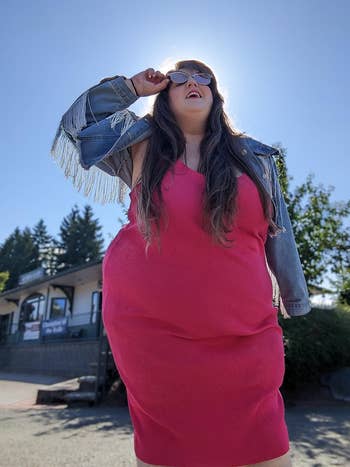 Reviewer posing successful  the pinkish  midi vessel  dress