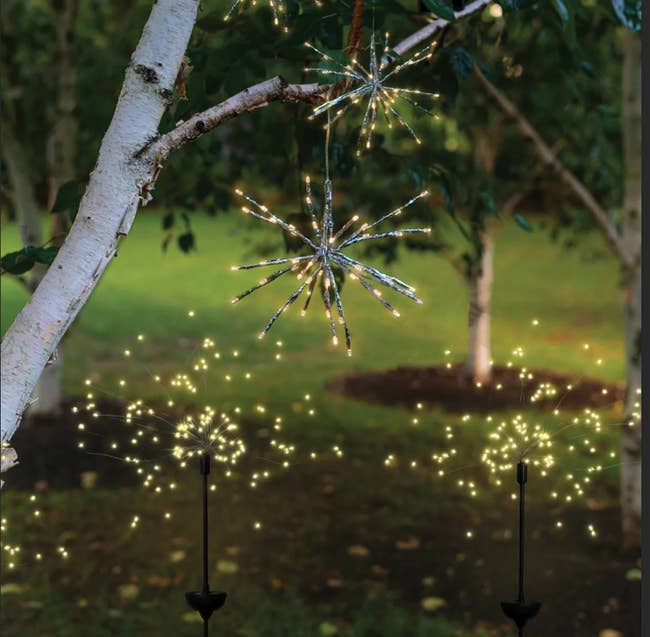 firework burst like lights staked in garden and hanging from trees