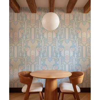 Art Deco benignant   country   with woody  array  and chairs, intricate wallpaper pattern, and a circular  ceiling light