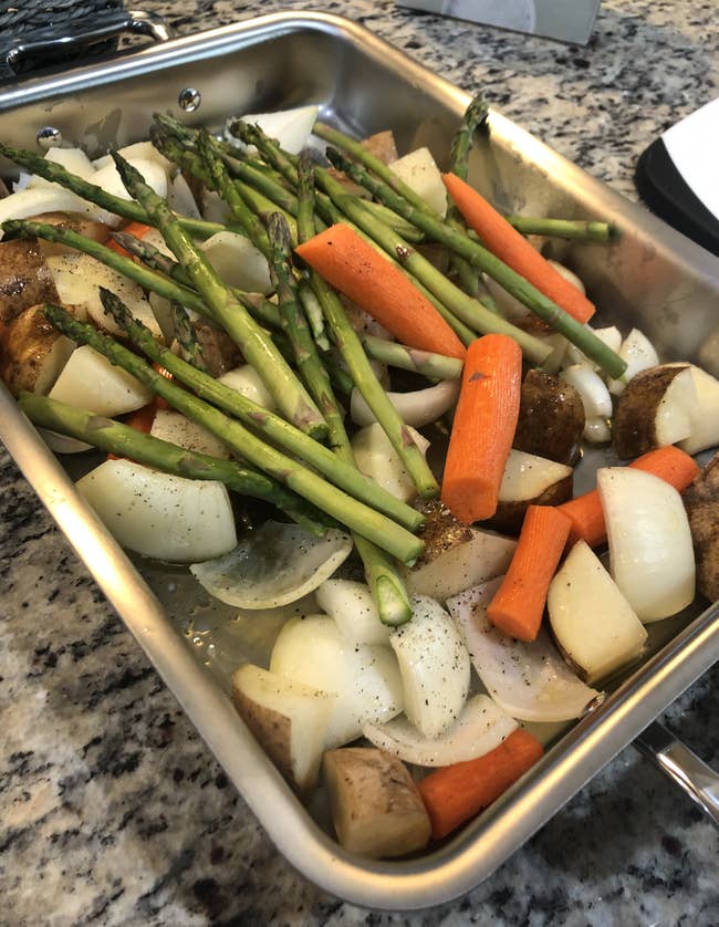buzzfeed editor's roasting pan filled with veggies