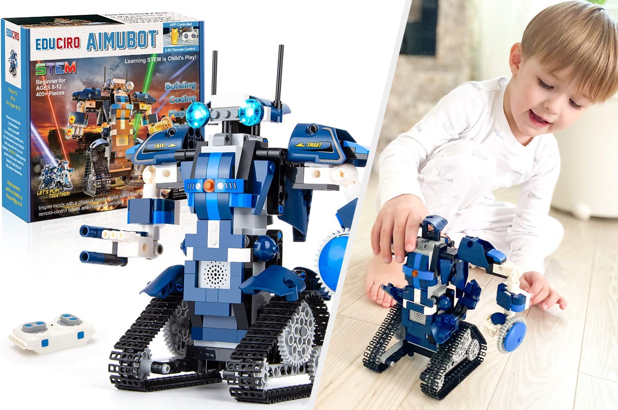 Split image of blue and black robot building with and packaging with child model playing with said robot toy