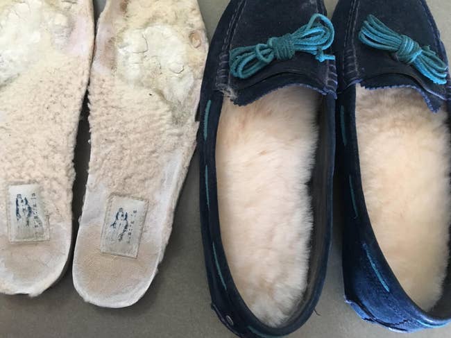 Two pairs of shoes, one furry slipper and one moccasin, displayed side by side