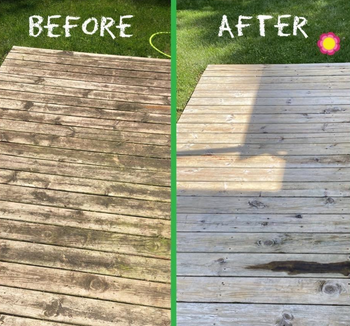before and after photo of a reviewer's dirty wooden deck looking clean after using the power washer