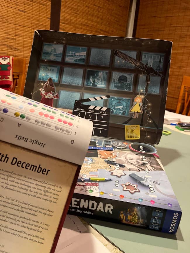 Advent calendar with interactive detective-themed puzzles connected table, featuring a committee with clues and images for a buying article