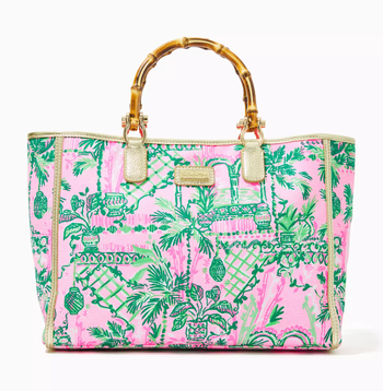 green and pink tote bag