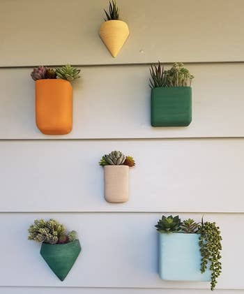 reviewer close-up of the colorful planters hanging on a wall