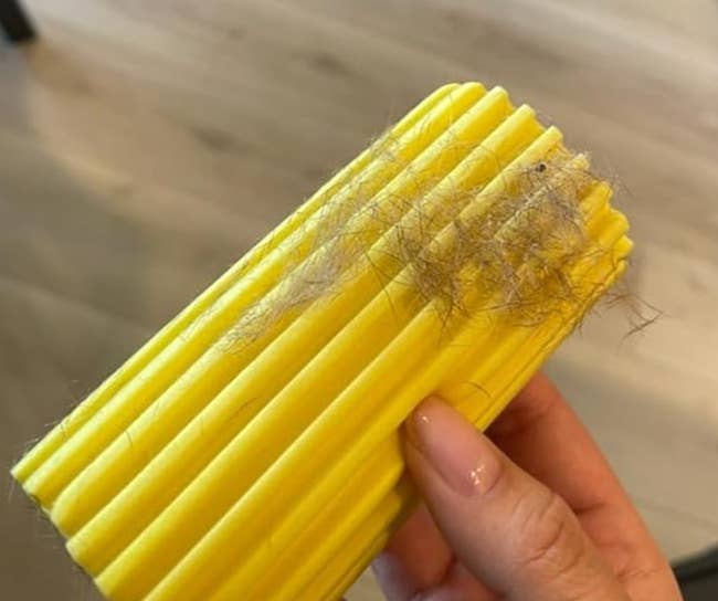 a reviewer holding the yellow sponge with a bunch of dog hair on it