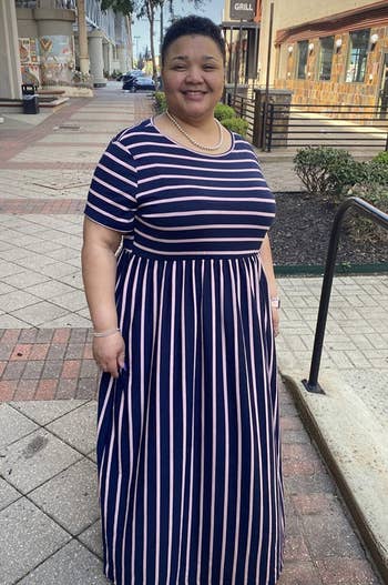 reviewer in a navy stripe maxi