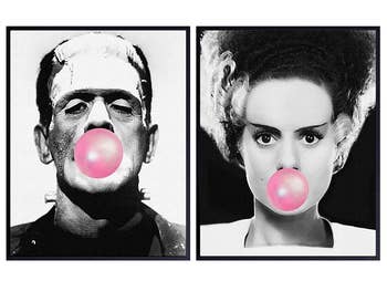 side by side images of frankenstein and the bride of frankenstein blowing bubble gum