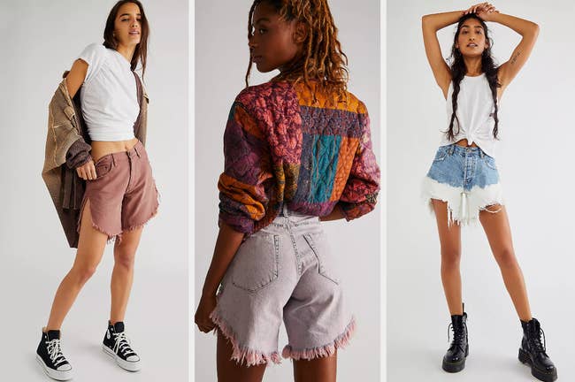 Three images of models wearing different colored denim shorts