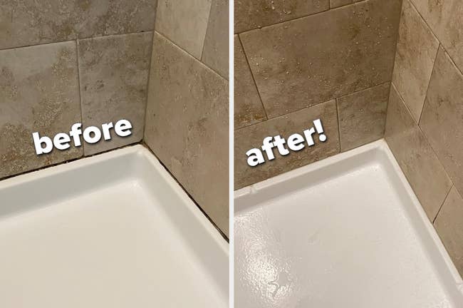 left: reviewer before photo of mold around edge shower / right: after photo showing it white and clean with no mold