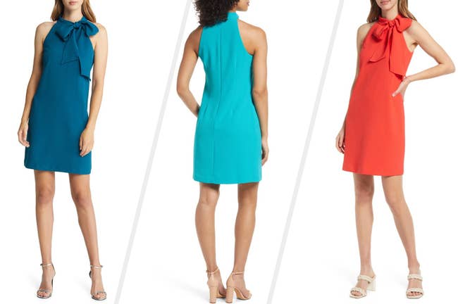 Three images of models wearing navy, teal, and red dresses