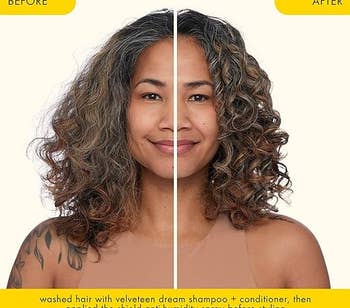Split image of a woman's transformation from straight to curly hair