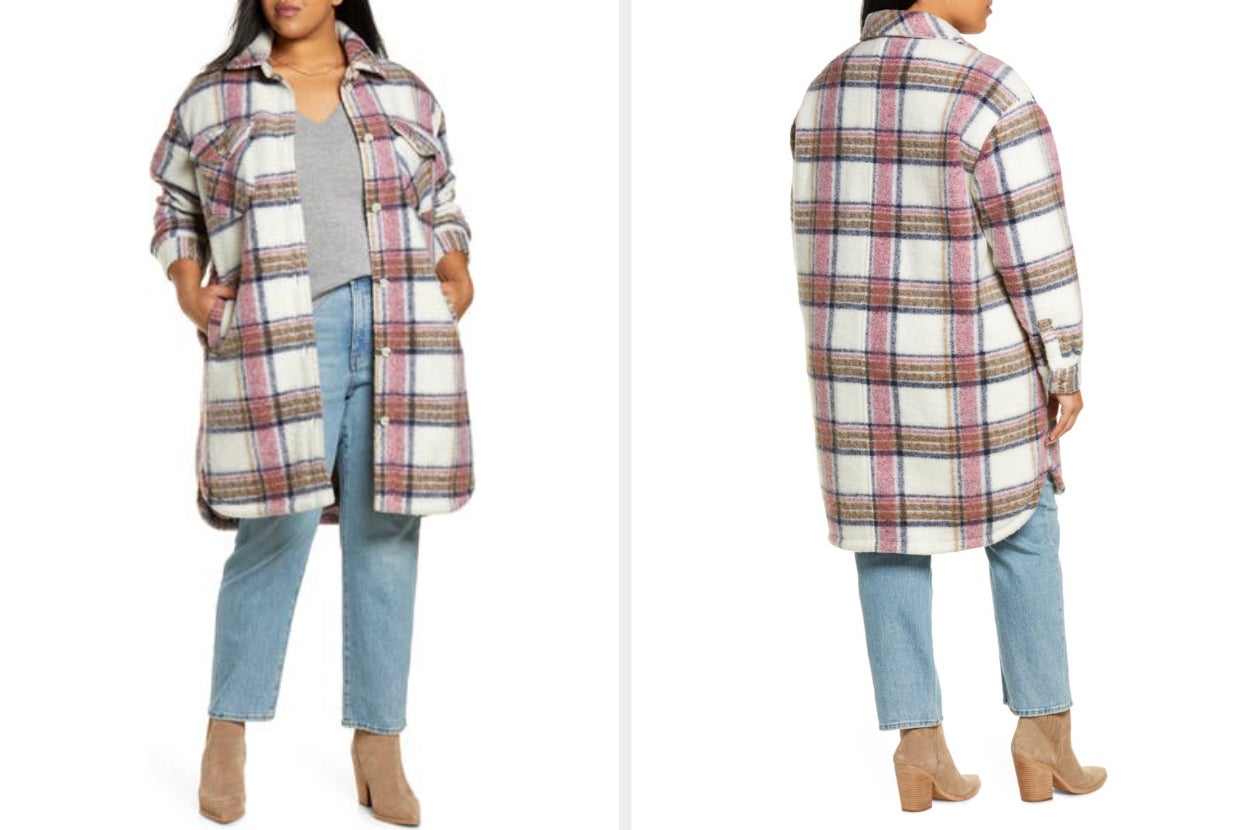 collage, front and back view of model wearing pink plaid shacket
