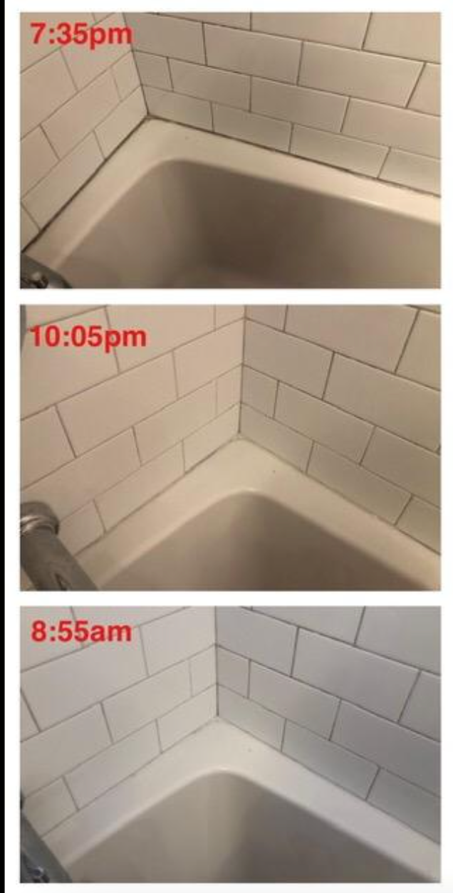 Three reviewer pics showing mold in a bath tub disappearing overnight after application 