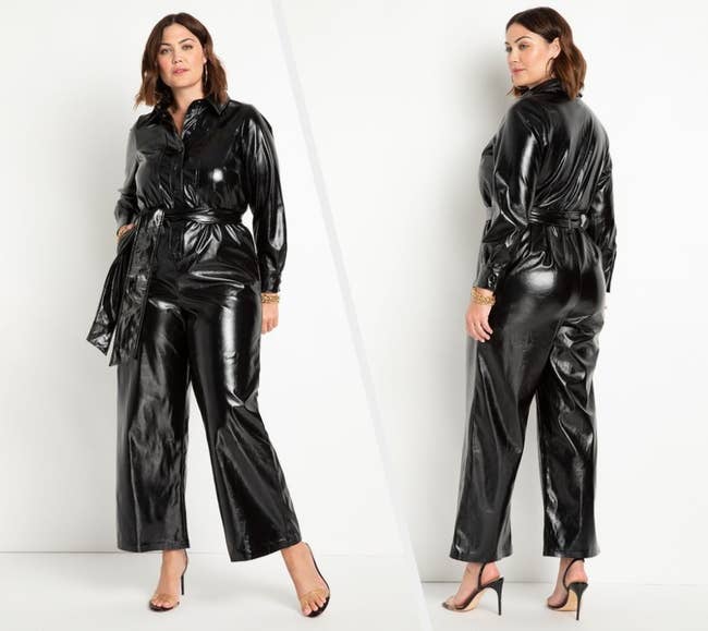 Two images of model wearing black faux leather jumpsuit